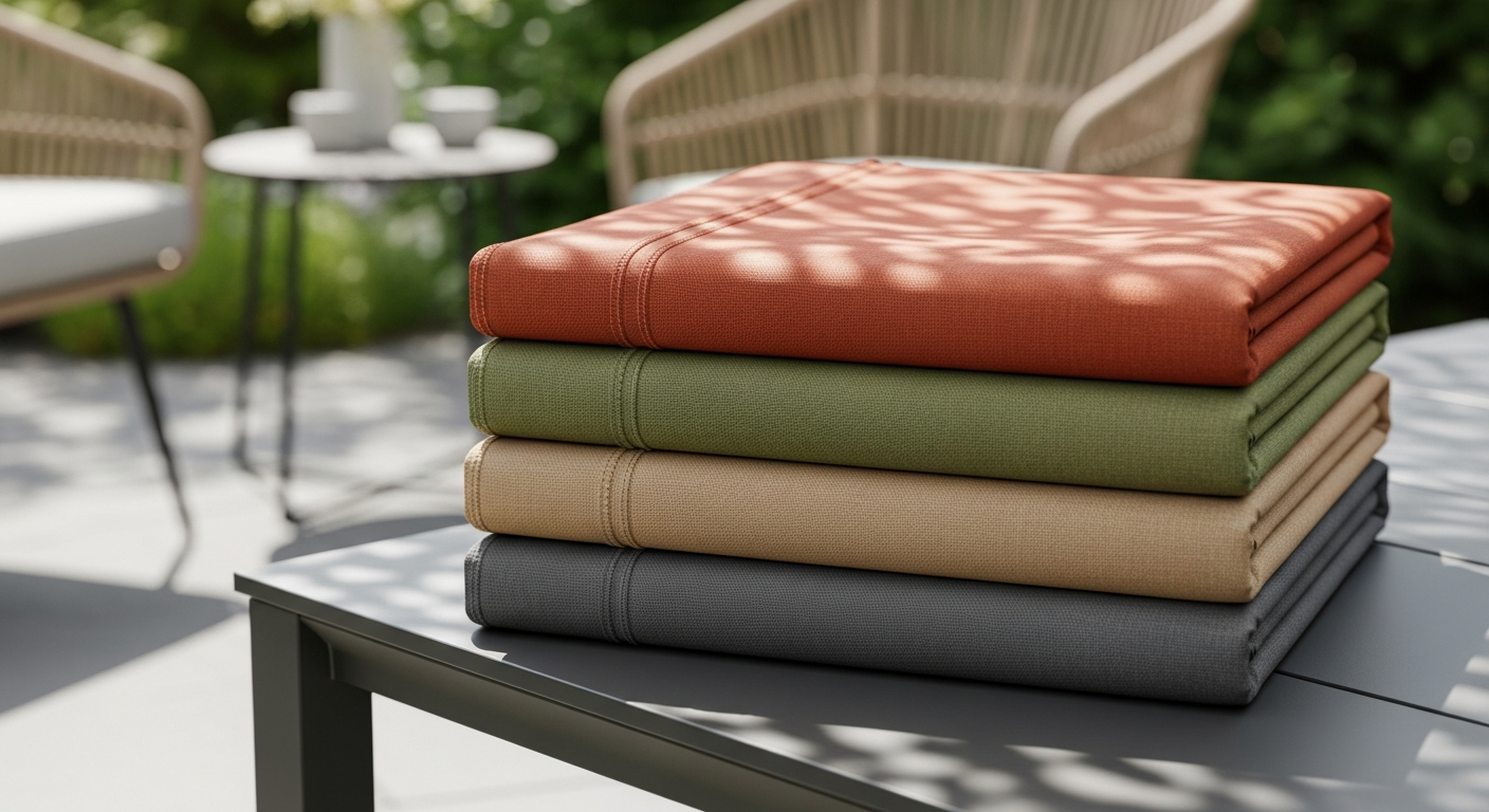 Custom outdoor furniture covers protecting patio sectional and dining table from weather