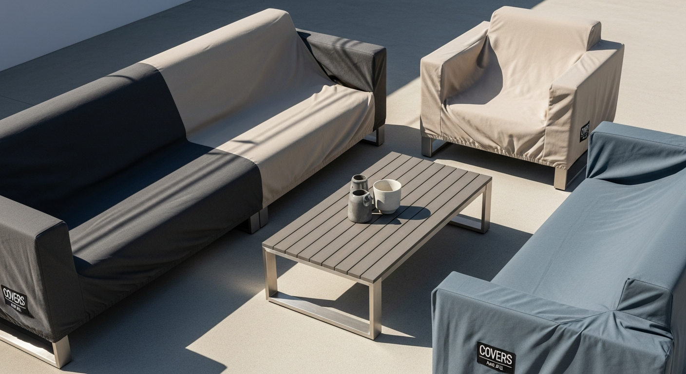 Custom outdoor furniture cover protecting patio furniture from weather elements