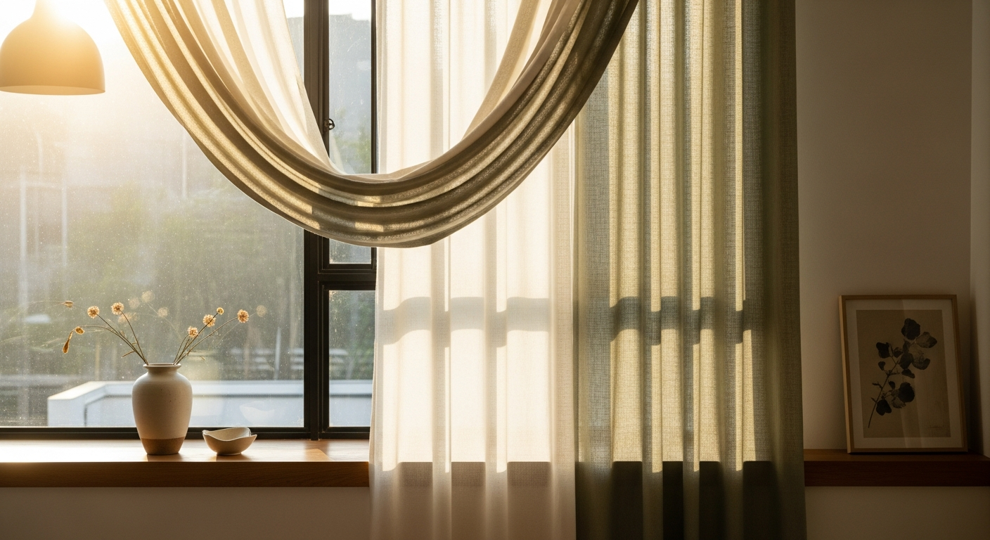 Curtarra Sabrina Heavyweight Linen Curtains hanging elegantly on bedroom window with natural light filtering through