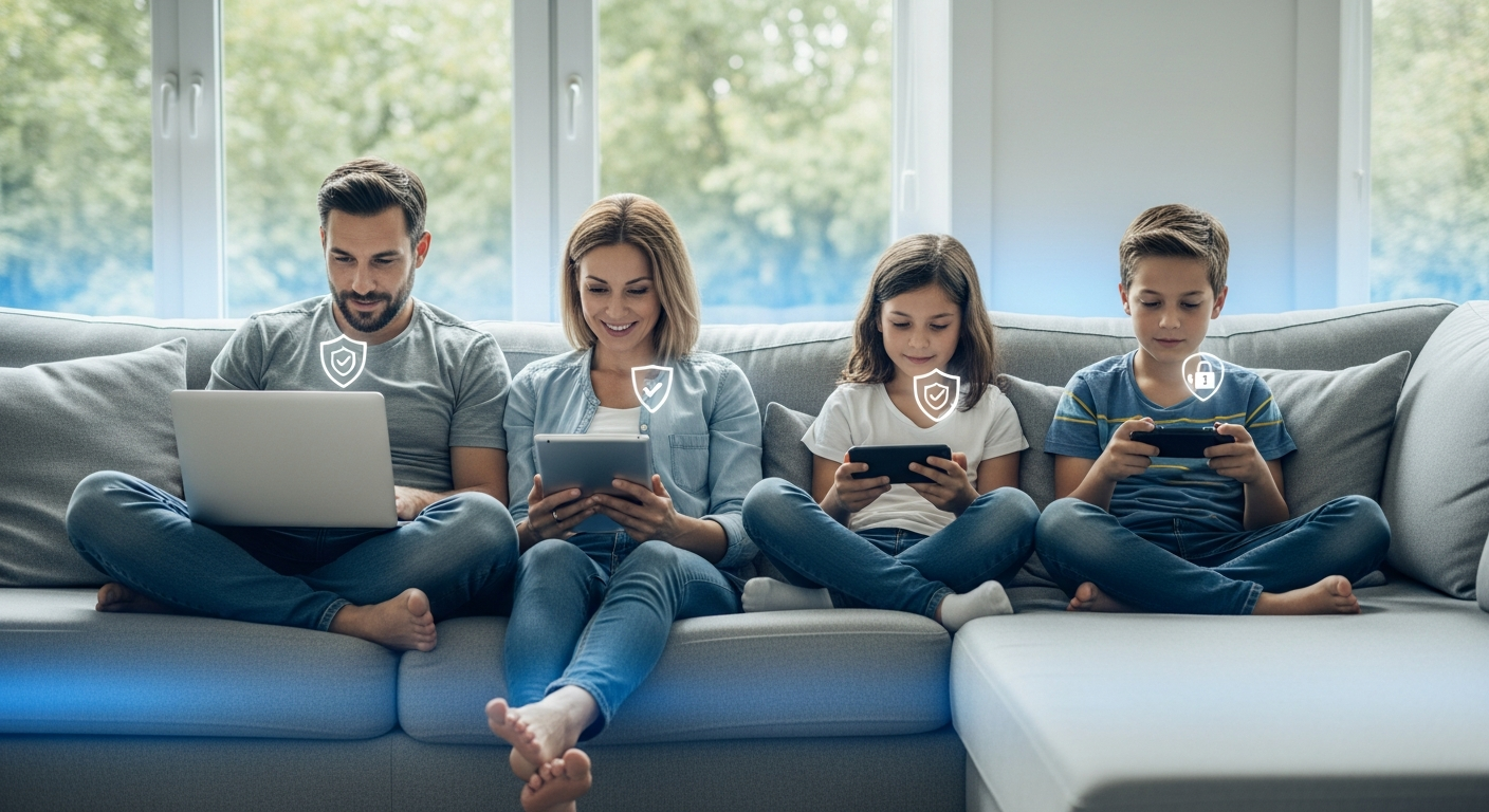 Family members using multiple devices protected by CyberGhost VPN service