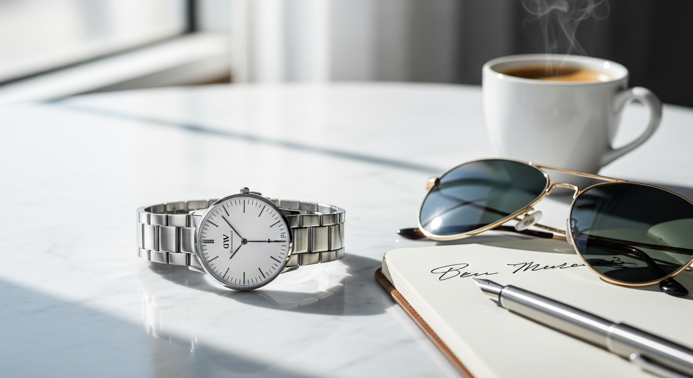 Daniel Wellington Iconic Link metal bracelet watch with polished steel finish on wrist