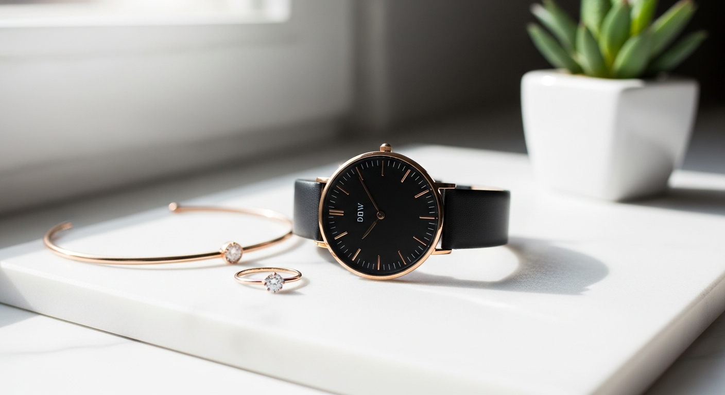 Daniel Wellington Petite Melrose Black Rose Gold minimalist luxury watch on wrist