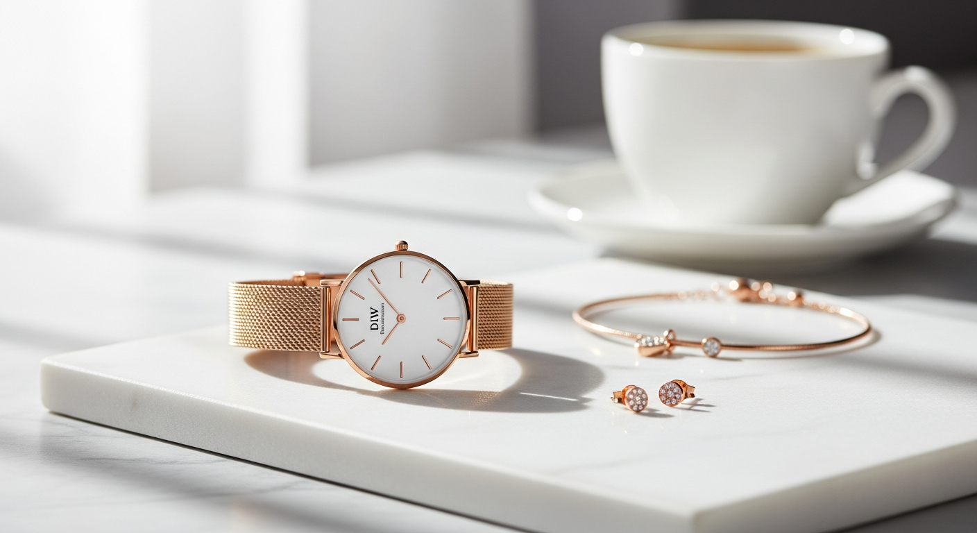 Daniel Wellington Petite Melrose rose gold watch on white background