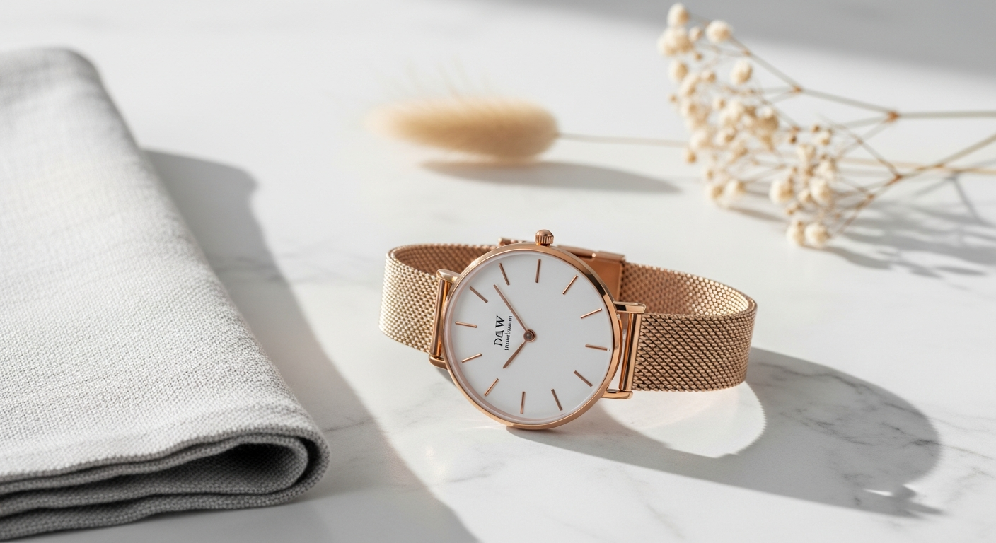 Daniel Wellington Petite Melrose rose gold minimalist watch on wrist