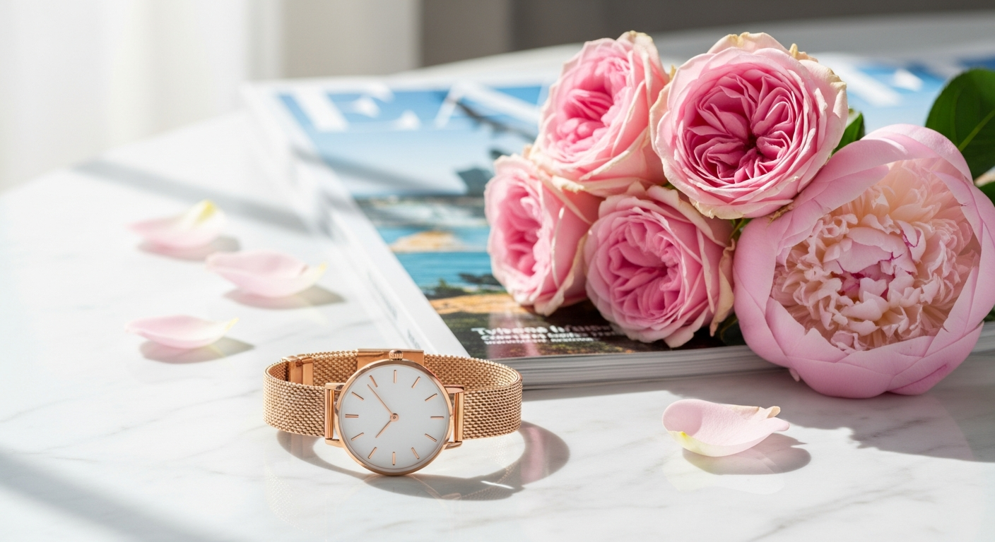 Daniel Wellington Petite Melrose rose gold mesh watch on wrist