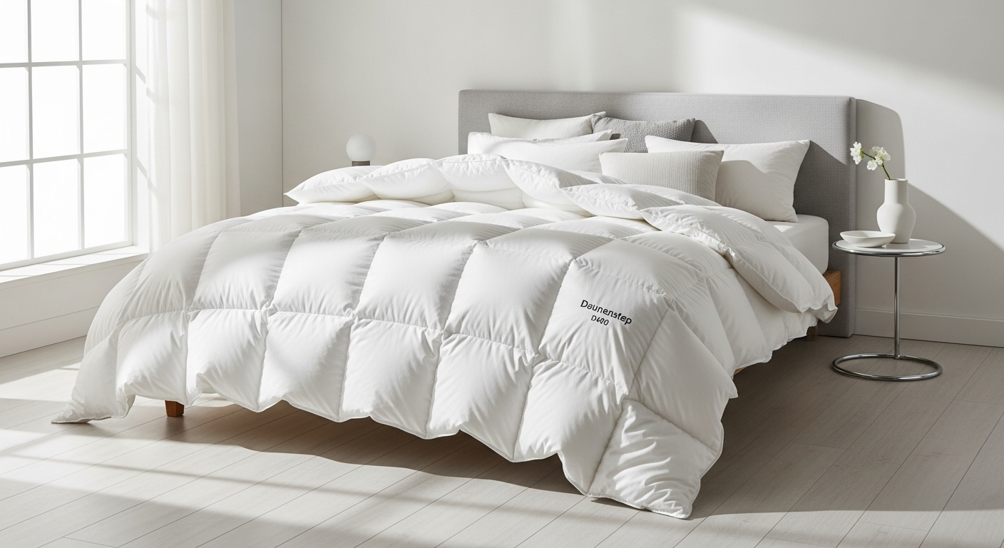 Daunenstep D400 Down Duvet displayed on bed showing Italian craftsmanship and premium construction details