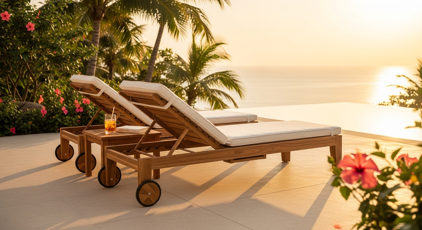 CASARIA Java Acacia Wood Sun Lounger Set with red cushions in garden