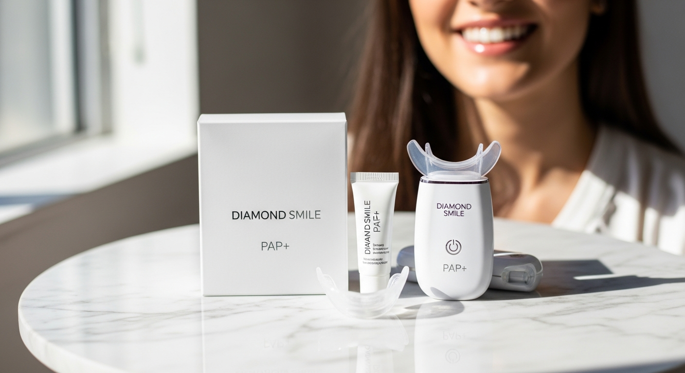 Diamond Smile PAP+ Teeth Whitening Kit with LED light device and gel syringes displayed