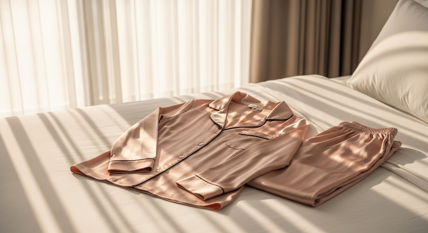 Woman wearing satin pajama set in bedroom, showcasing fabric quality and fit