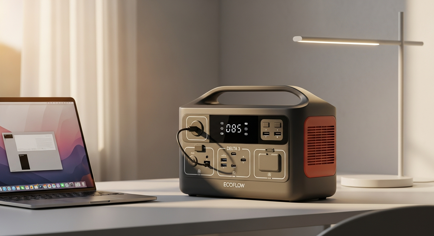EcoFlow DELTA 3 Classic portable power station with integrated carry handles and compact design for home office backup