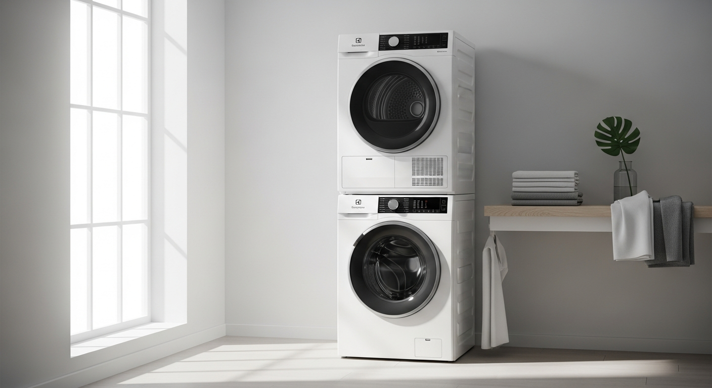 Electrolux 600 Series Laundry Tower vertical washer dryer combo unit in modern laundry room