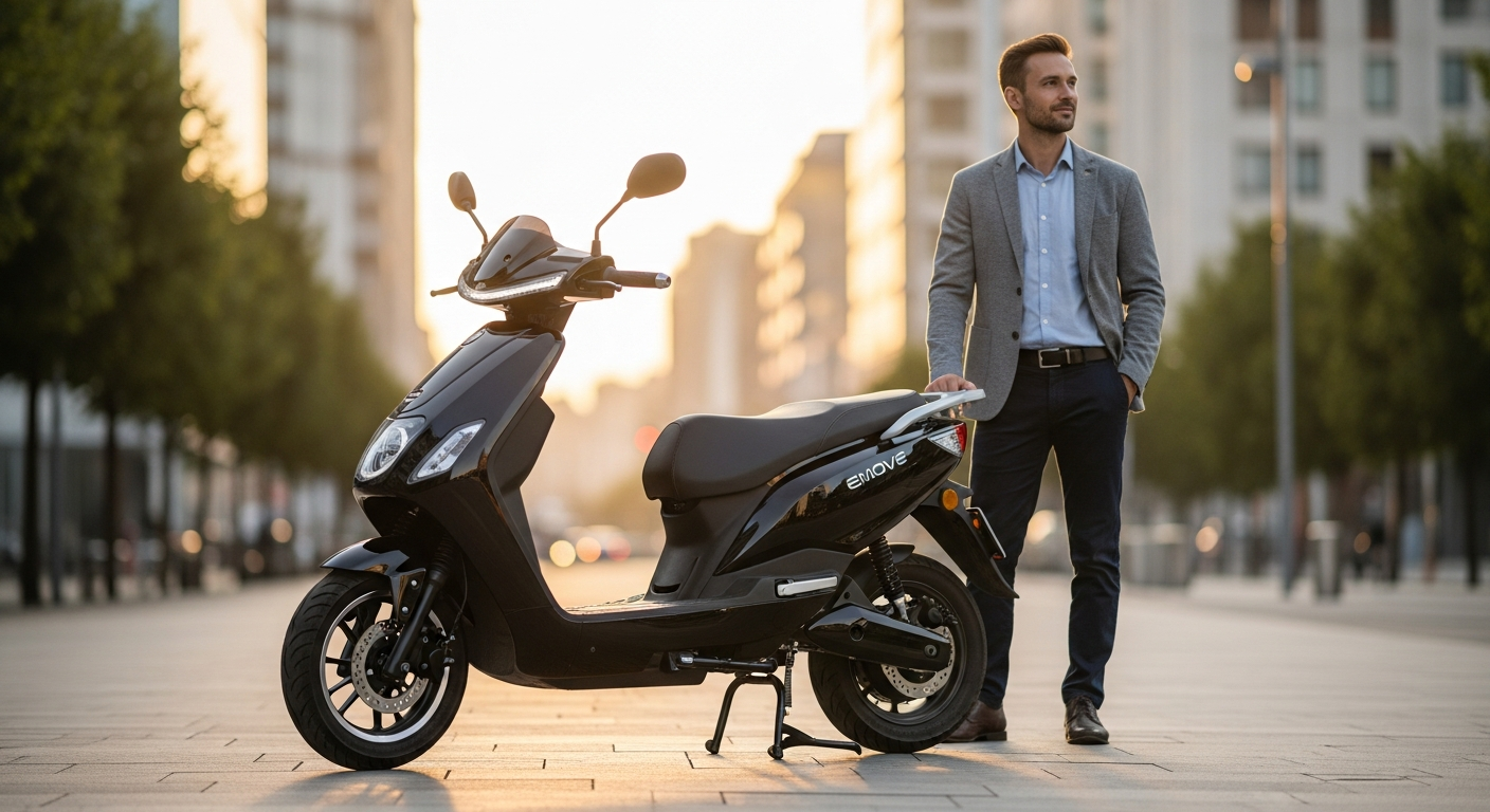 EMOVE Touring electric scooter with triple suspension system on urban street