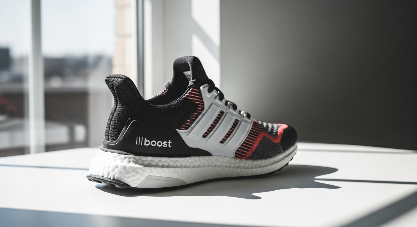 Adidas Hyperboost Edge running shoe displaying Hyperboost Pro midsole technology and three-stripe branding