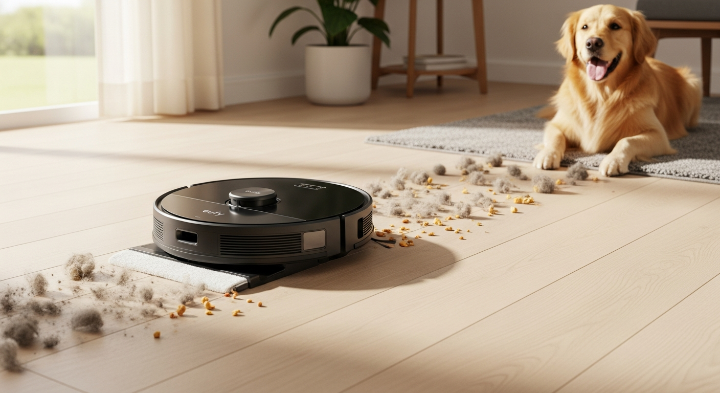 Eufy RoboVac X8 Hybrid robot vacuum and mop cleaning pet hair from hardwood floor