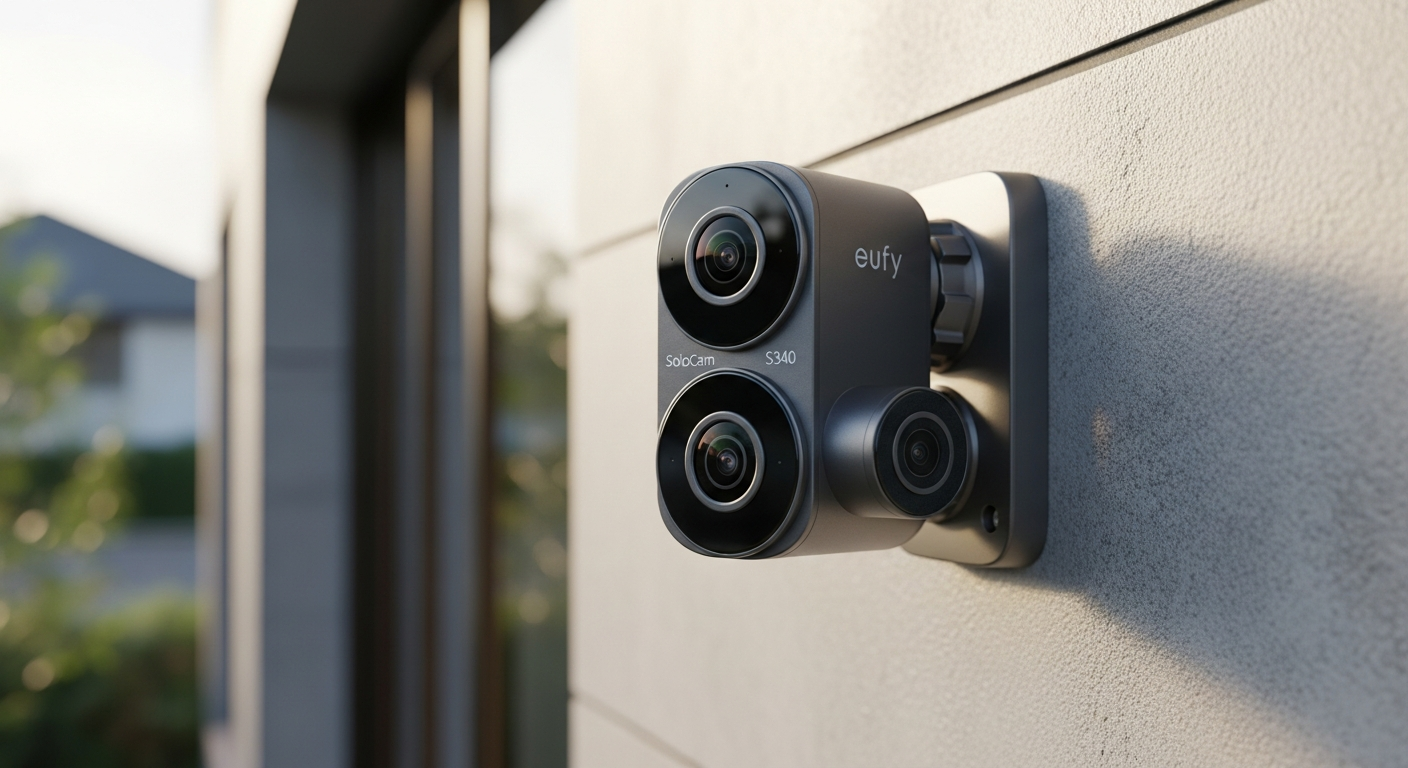 Eufy SoloCam S340 dual-camera security system mounted on home exterior