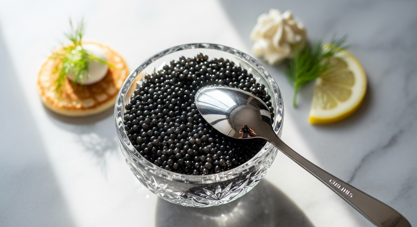 Premium Oscietra caviar in elegant serving dish with mother-of-pearl spoon
