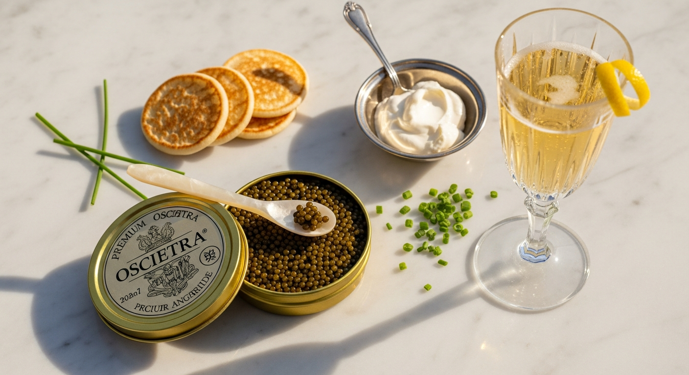 Premium Oscietra caviar in elegant serving dish with pearl spoon