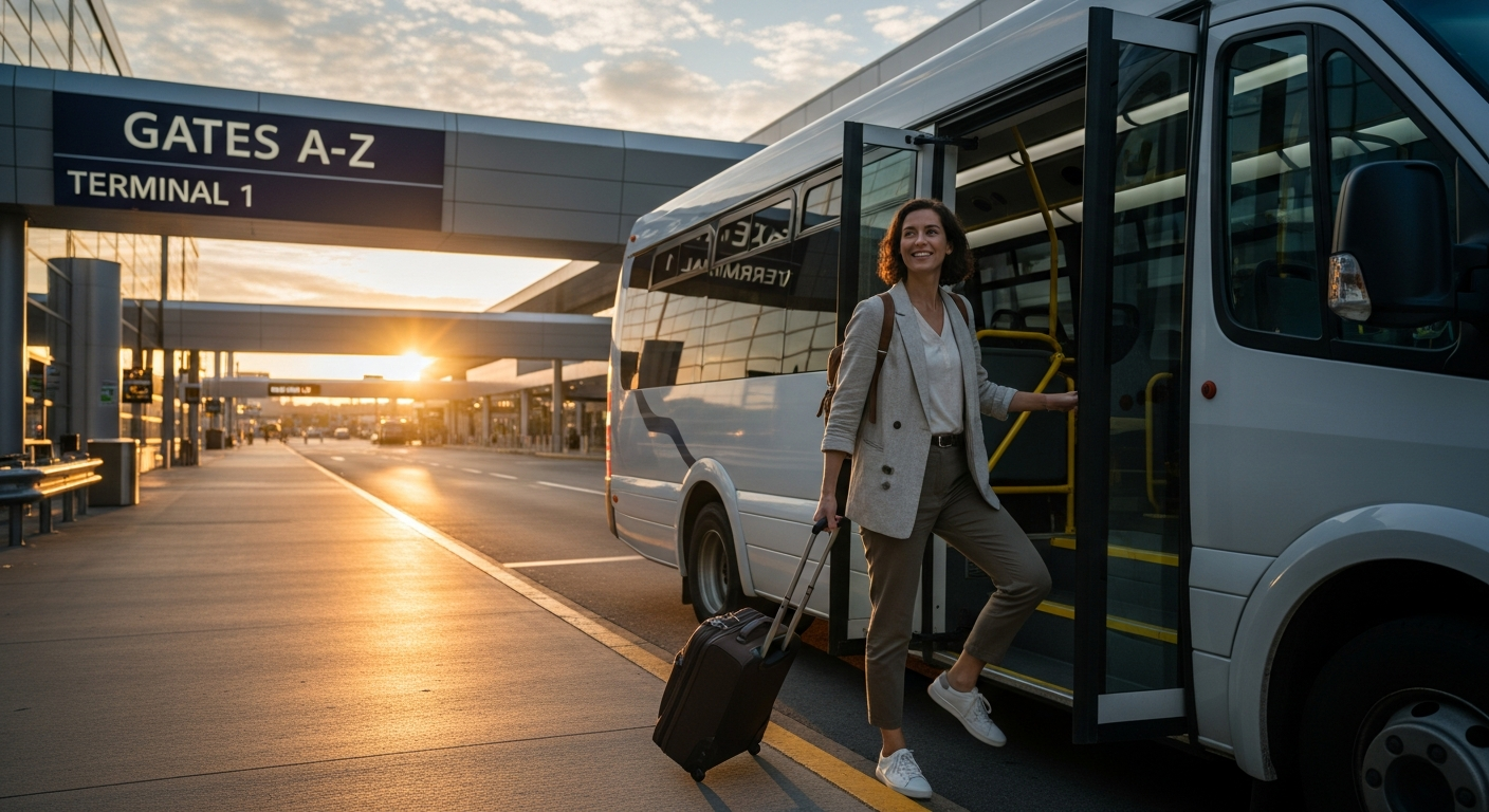 Modern air-conditioned Flibco airport shuttle bus parked at European terminal