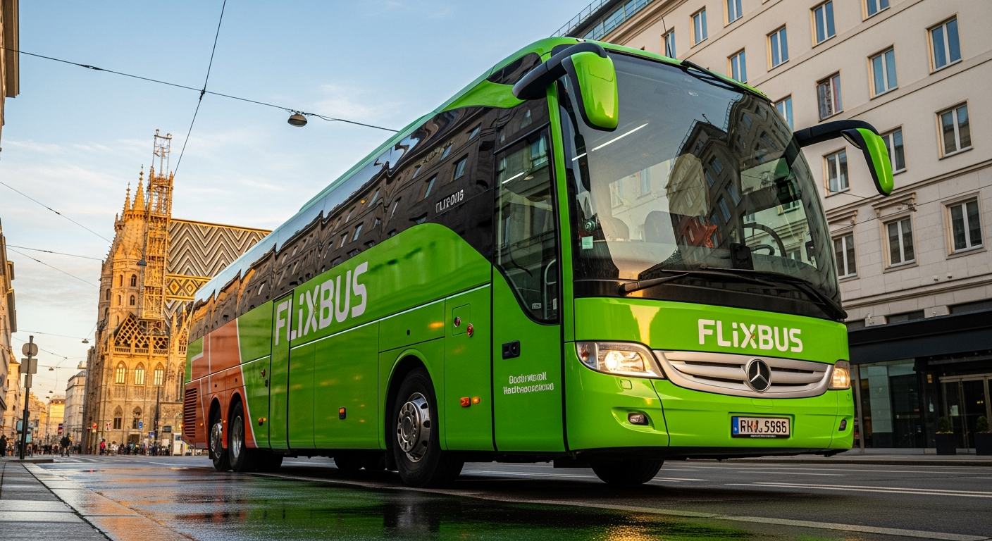 FlixBus coach traveling on European highway toward Vienna with scenic countryside landscape