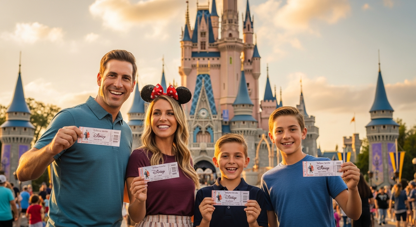 Disney World 14-Day Magic Ticket 2026 promotional image showing all four theme parks