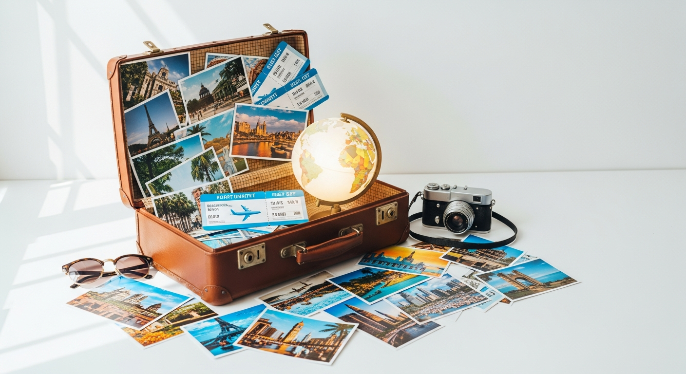 FlyKube mystery travel destination reveal concept with airplane and surprise adventure elements