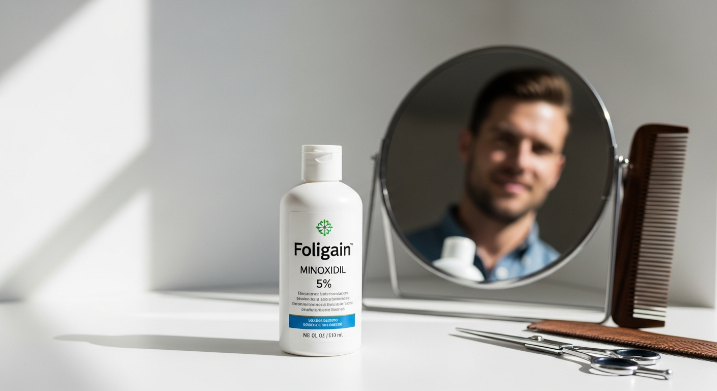 Man examining hair loss and Foligain Minoxidil 5% treatment bottle
