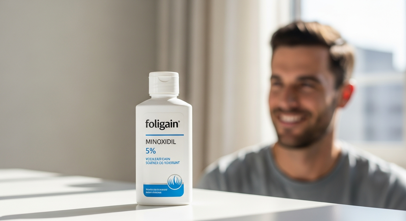 Man applying Foligain Minoxidil 5% hair regrowth treatment to thinning scalp area