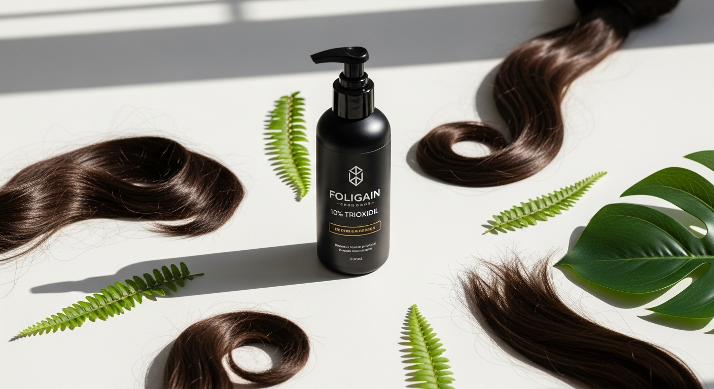 Foligain Triple Action 10% Trioxidil Men's Hair Formula bottle with clinical results