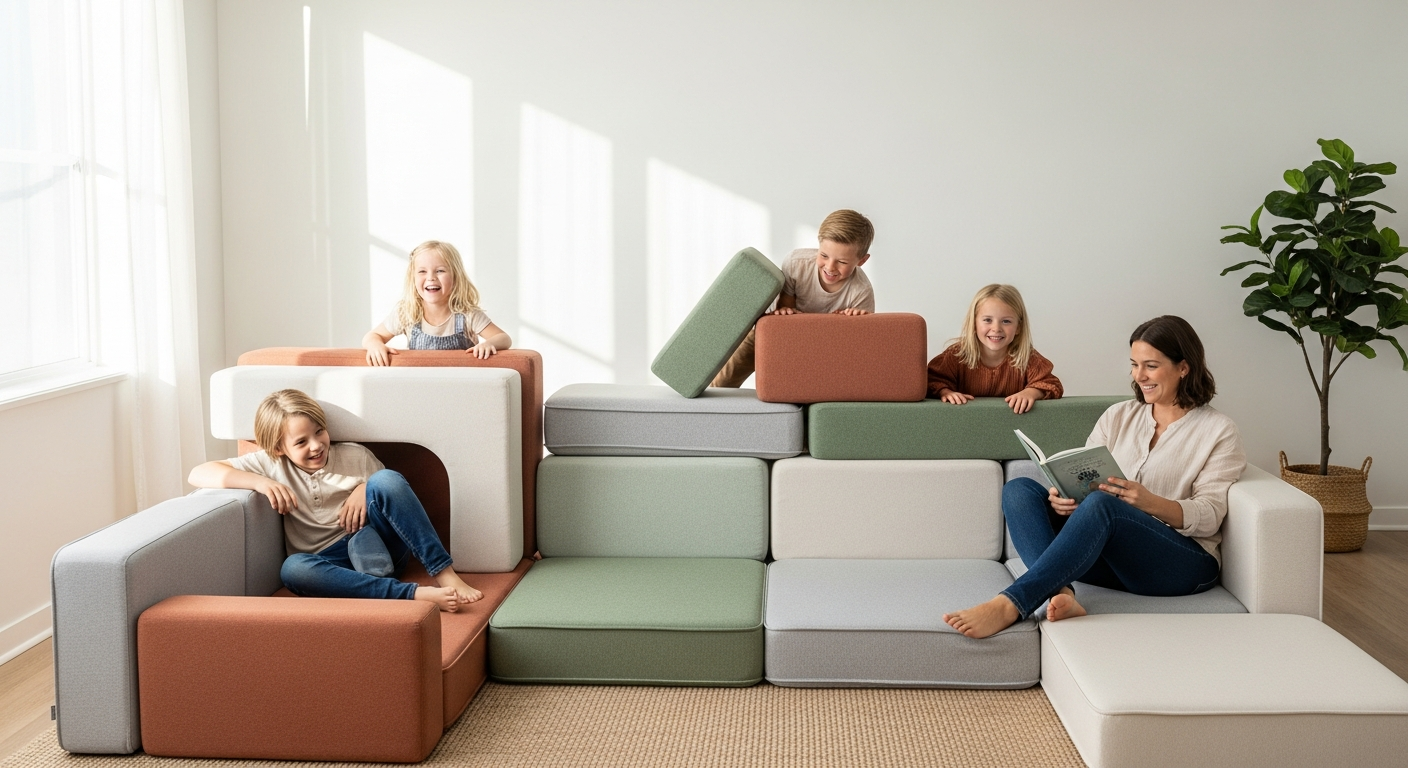 Colorful modular foam play couch pieces arranged in creative configuration for children