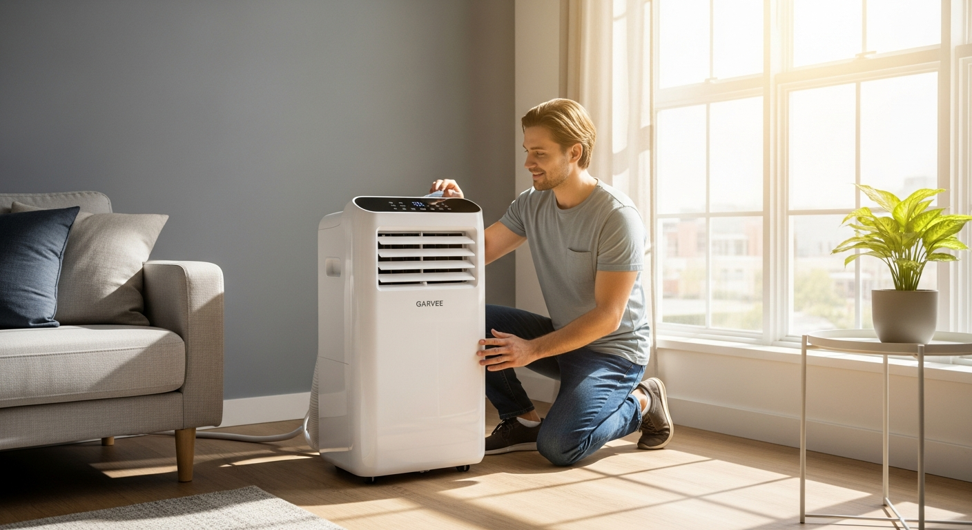 Garvee 14,000 BTU portable air conditioner unit with exhaust hose and window venting kit