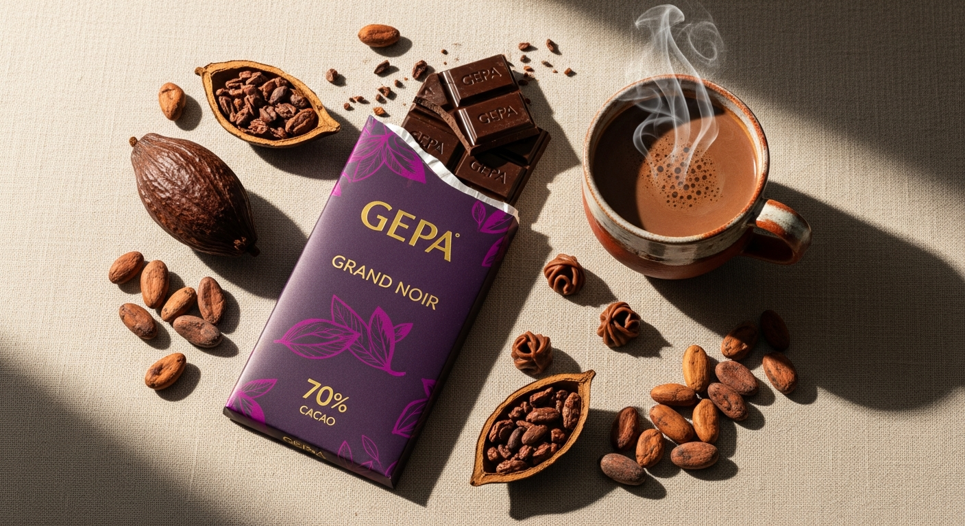 GEPA Grand Noir Organic Dark Chocolate 70% bar with award-winning certification badges displayed