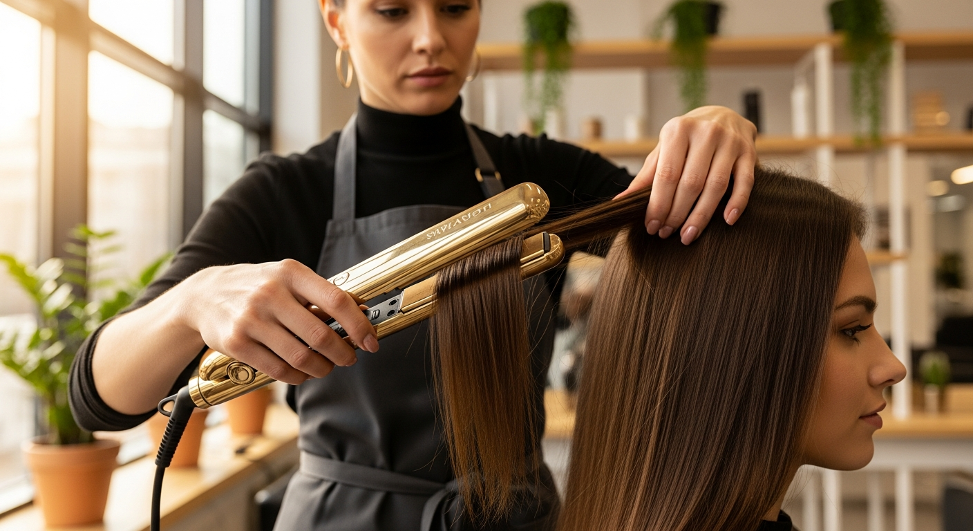 Golden Curl Gold Professional Hair Straightener with titanium-tourmaline plates and infrared technology