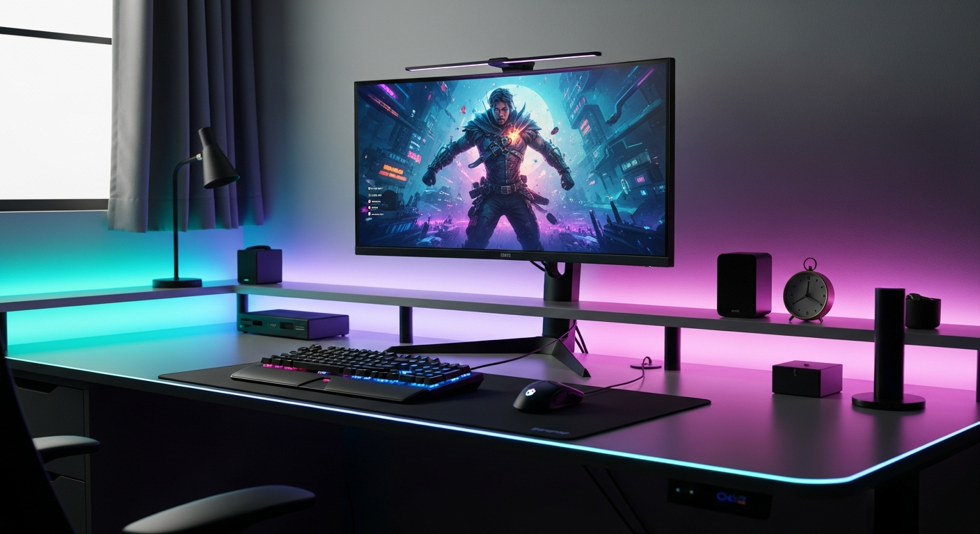 Govee RGBIC LED strip lights with multi-color effects on gaming setup