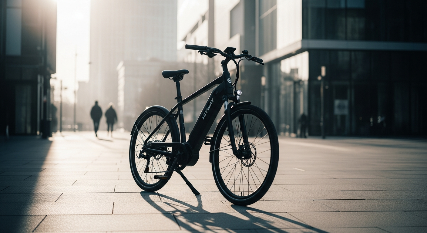 HITWAY BK15 Pro electric bike on gravel path with suspension fork and LED lights