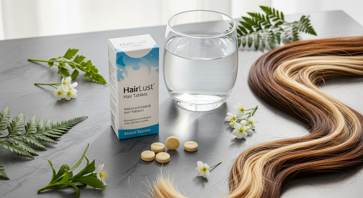 HairLust Hair Formula Tablets for Women displayed with biotin and bamboo silica ingredients