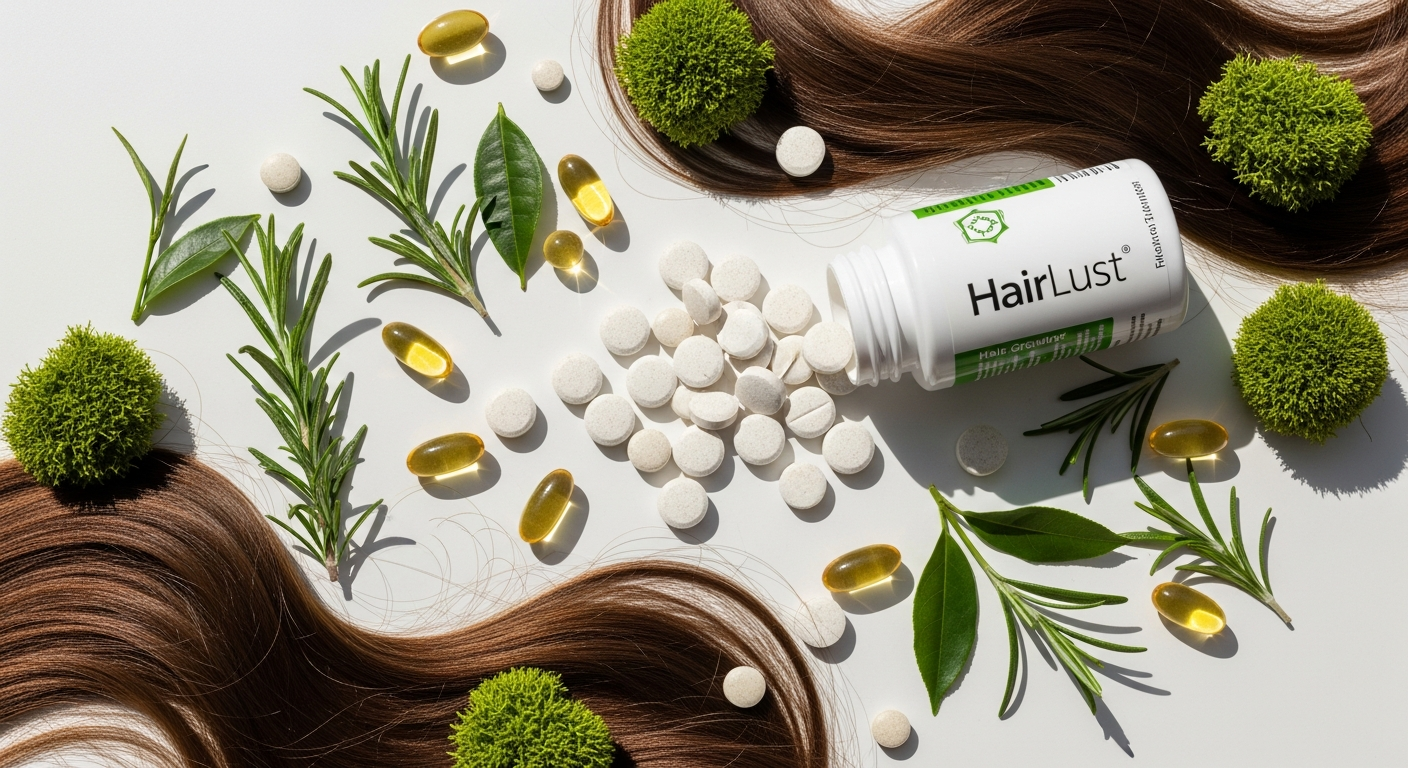 Woman holding HairLust Hair Growth Tablets for Women with healthy, thick hair