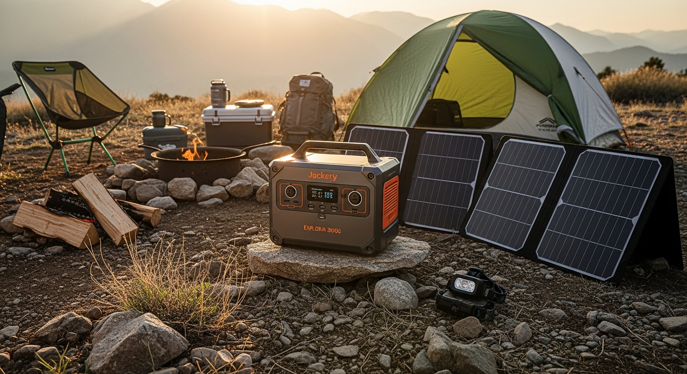 Jackery Explorer 2000 Plus portable power station with solar panels in remote off-grid cabin setting