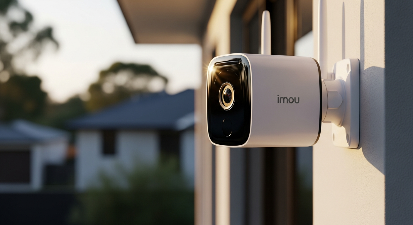 Imou Cruiser 2 outdoor security camera mounted on white wall with 360-degree pan-tilt capability
