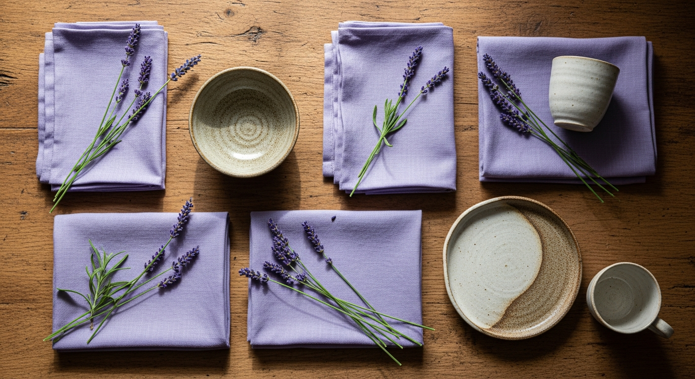 Lavender handcrafted napkin set with island-inspired embroidery design
