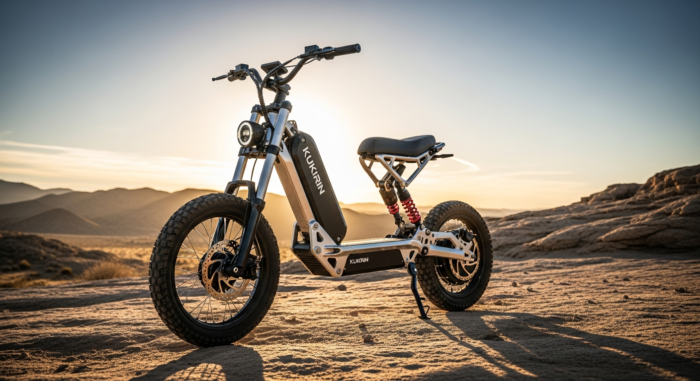 KuKirin G2 2026 folding electric scooter on rugged off-road terrain with suspension visible