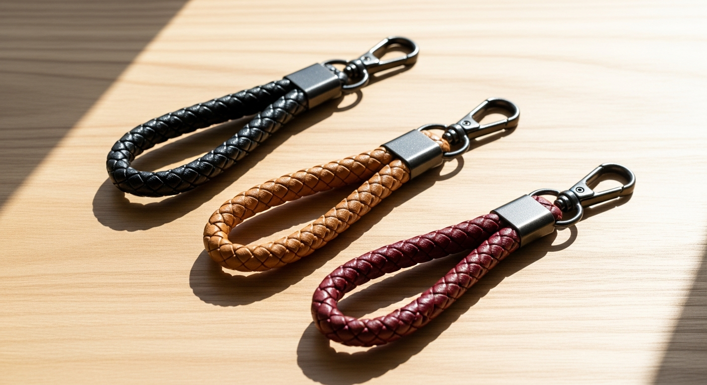 Braided faux leather car keychain in multiple vibrant colors displayed together