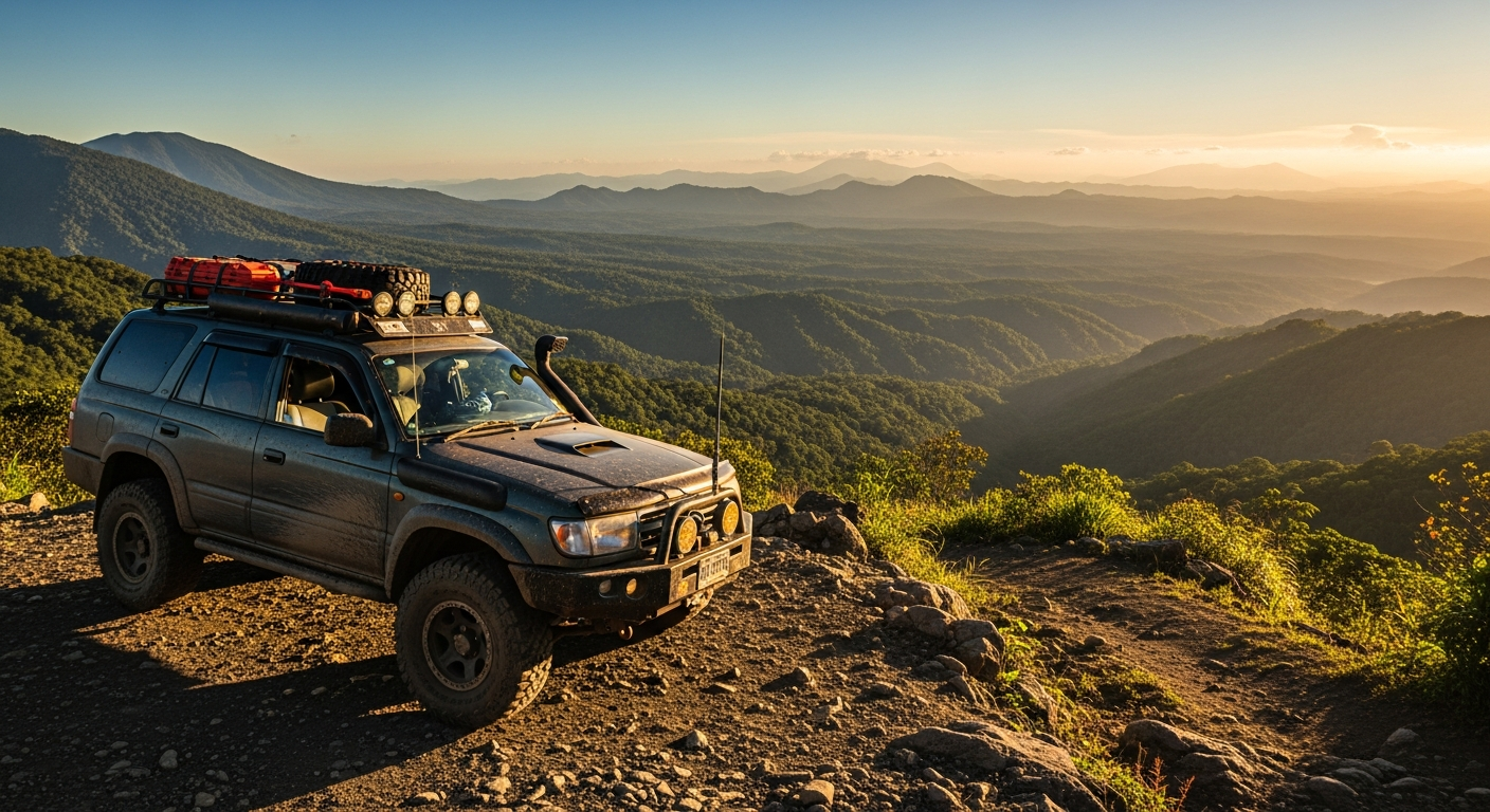 4x4 SUV parked on rugged Costa Rican mountain terrain with lush rainforest backdrop