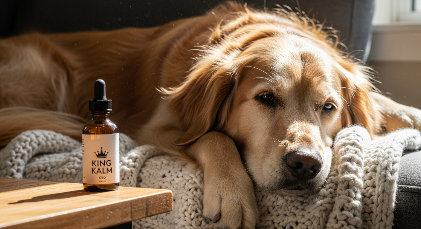 Golden retriever senior dog climbing stairs with improved mobility after CBD oil treatment