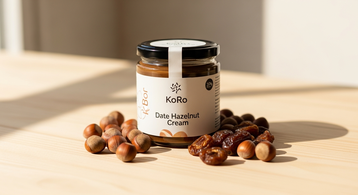 KoRo Organic Date Hazelnut Cream jar with fresh hazelnuts and dates