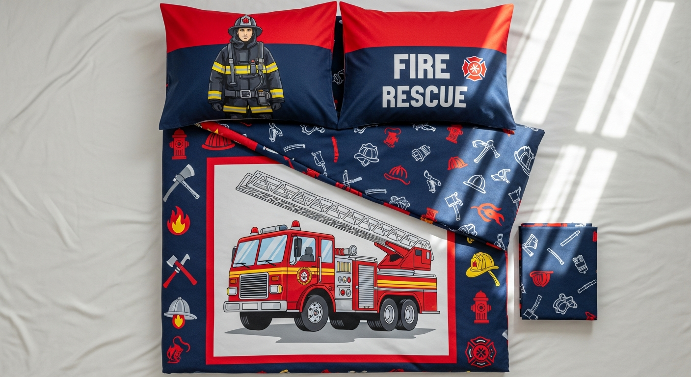 Fire Brigade children's bed linen with hand-painted watercolor designs and premium cotton fabric