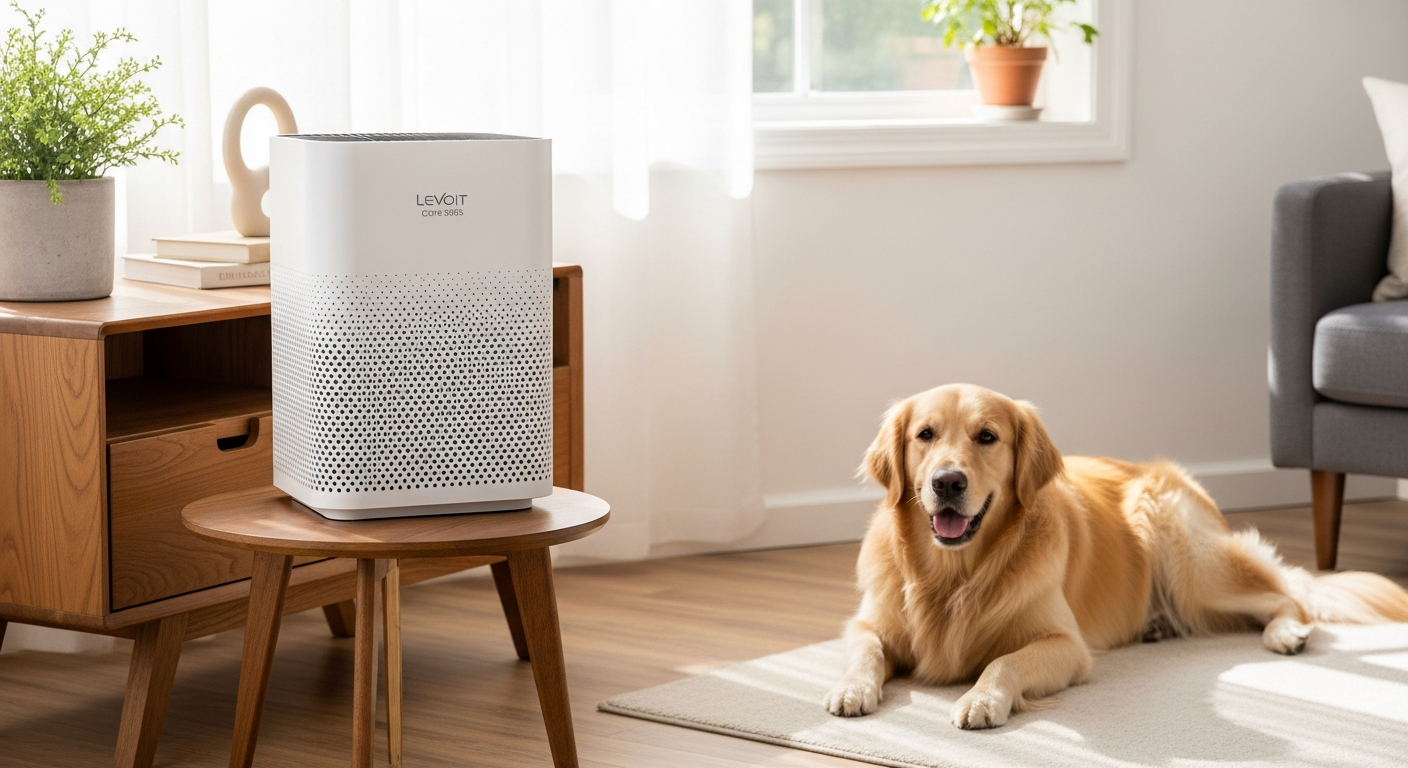 Levoit Core 300S Smart Air Purifier displayed in a modern pet-friendly living room with cat and dog