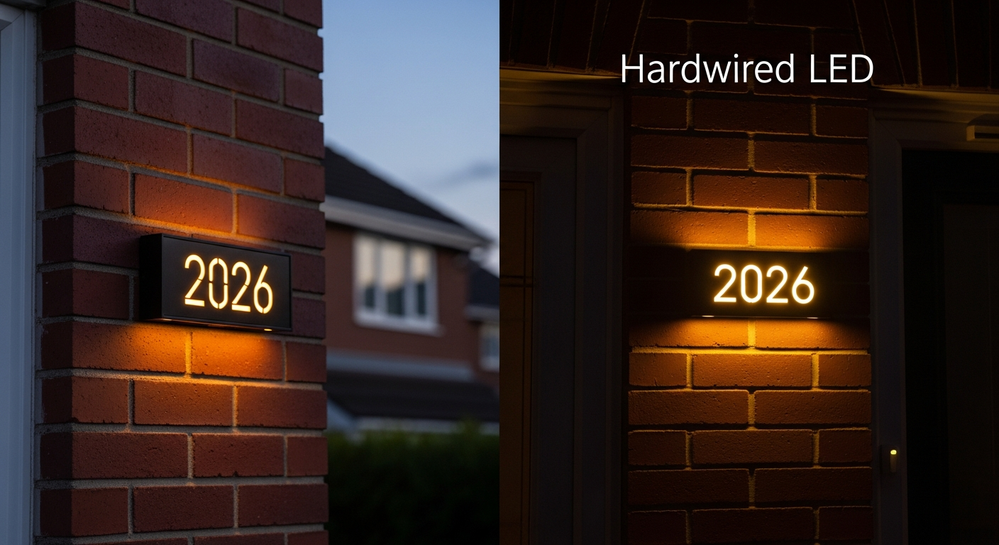 Modern LED backlit house address numbers illuminated at night on home exterior