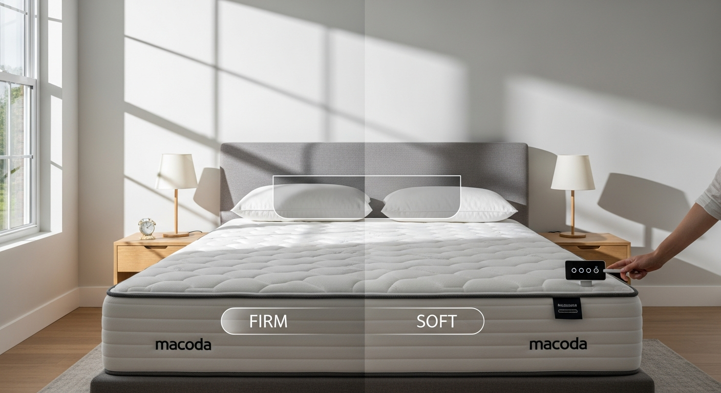 Macoda hybrid mattress with adjustable foam and spring layers displayed