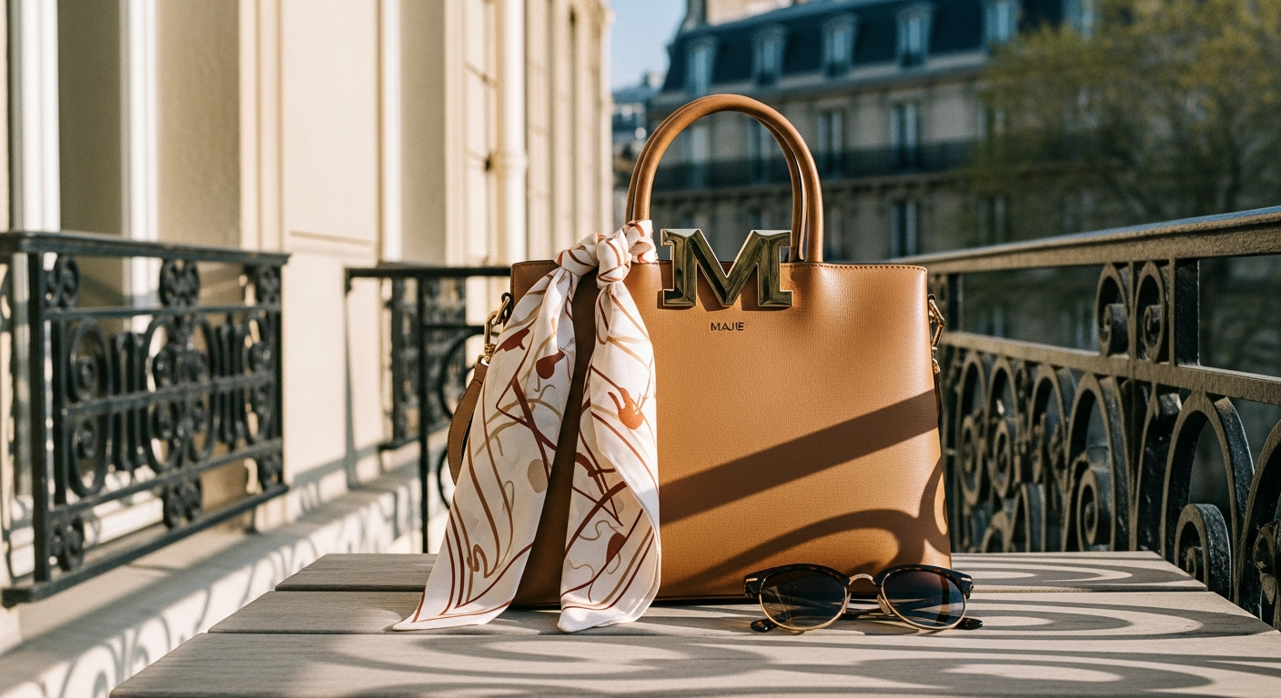 Maje M Bag styled in neutral tones with gold hardware and fringe detailing