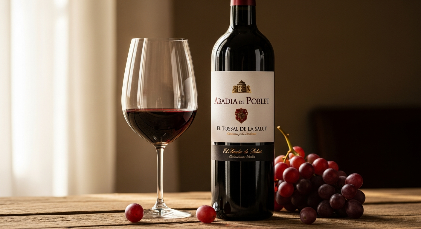 Abadia de Poblet monastery vineyard with red wine bottle and glass